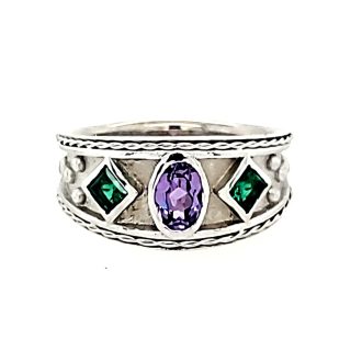 Custom Design Ring with Purple Sapphire and Emerald in 14k White Gold