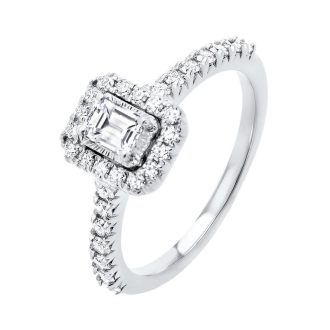 Halo Engagement Ring with .71ctw Emerald Cut and Round Diamonds in 14k White Gold