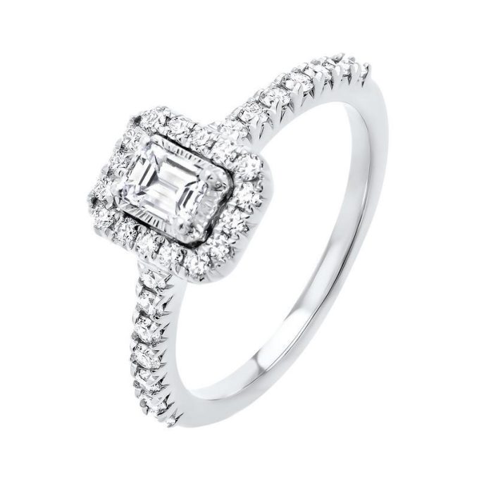 Halo Engagement Ring with .71ctw Emerald Cut and Round Diamonds in 14k White Gold
