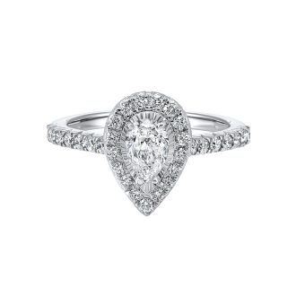 True Reflections Halo Engagement Ring with 1ctw Pear and Round Diamonds in 14k White Gold