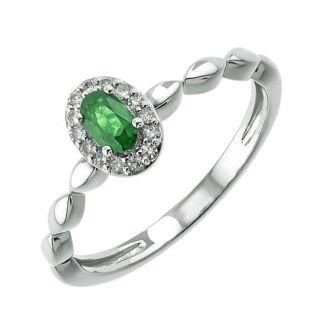 Halo Birthstone Ring with Emerald and .08ctw Round Diamonds in 10k White Gold