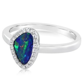Halo Fashion Ring with Australian Opal and .12ctw Round Diamonds in 14k White Gold