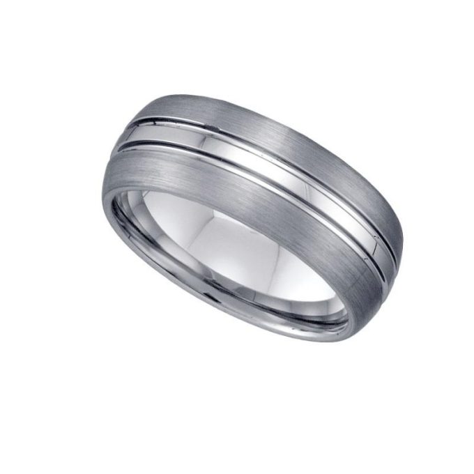 Men's Wedding Band 8mm in Satin Tungsten Carbide with Polished Stripe