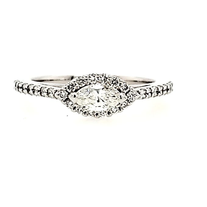 Halo Engagement Ring with .60ctw Marquise and Round Diamonds in 14k White Gold