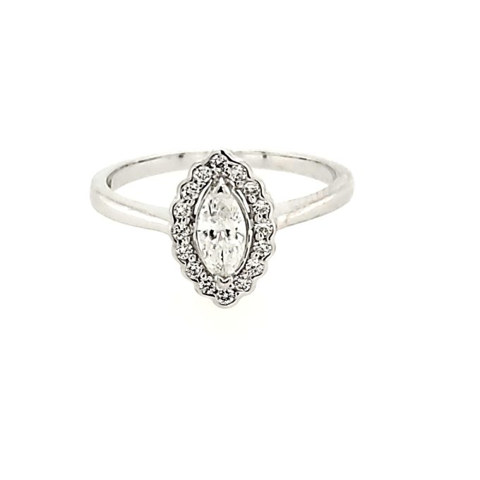 Scalloped Halo Engagement Ring with Marquise and Round Diamonds in 14k White Gold
