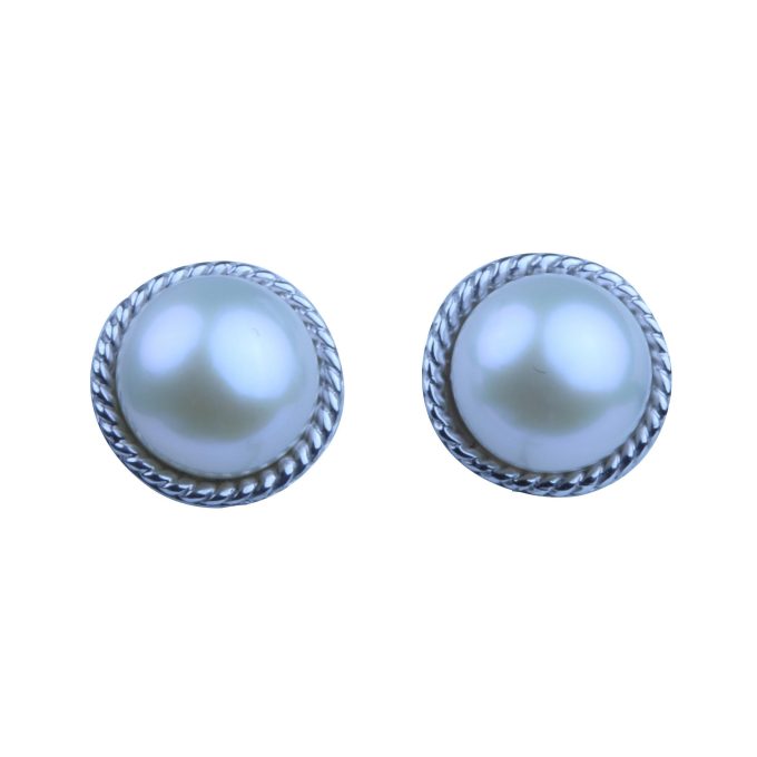 Halo Stud Earrings with 7mm Freshwater Pearls in Sterling Silver