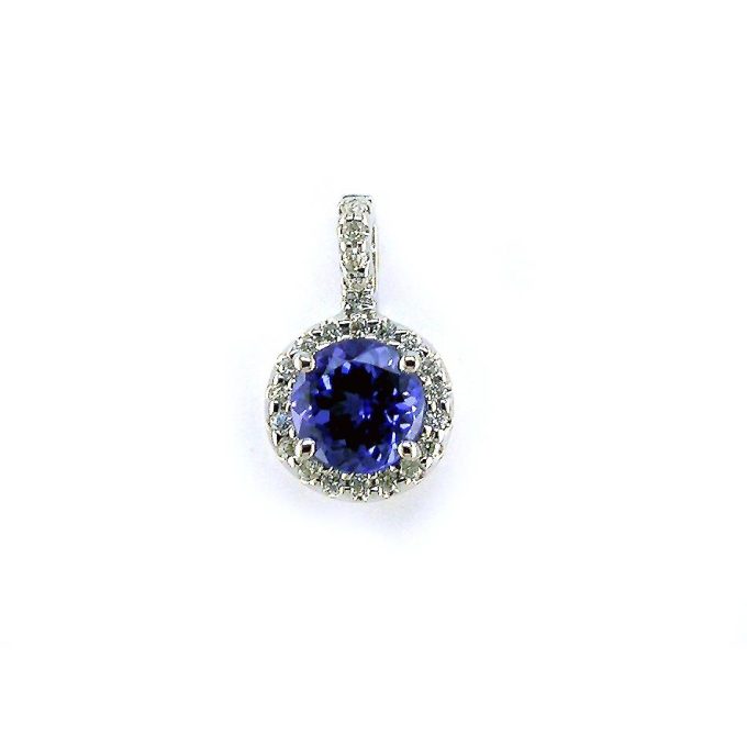 Halo Necklace with Round Tanzanite and .09ctw Round Diamonds in 14k White Gold