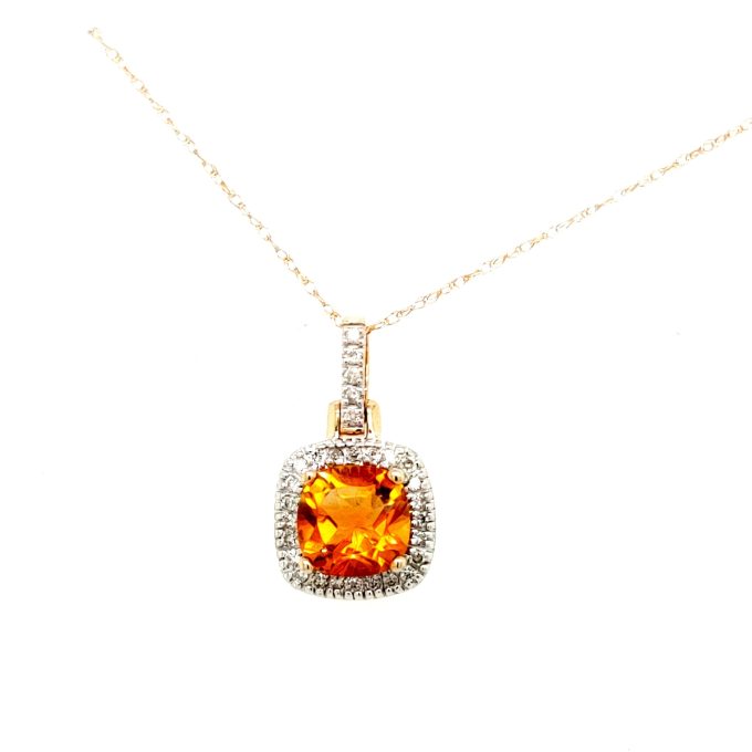 Halo Fashion Necklace with Cushion Cut Citrine and .13ctw Round Diamonds in 10k Yellow Gold