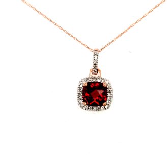 Halo Fashion Necklace with Cushion Cut Garnet and .13ctw Round Diamonds in 10k Rose Gold