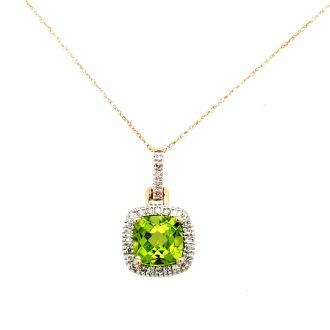Halo Fashion Necklace with Cushion Cut Peridot and .13ctw Round Diamonds in 10k Yellow Gold