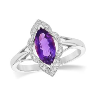 Vintage-Inspired Fashion Ring with Amethyst and .11ctw Round Diamonds in 14k White gold