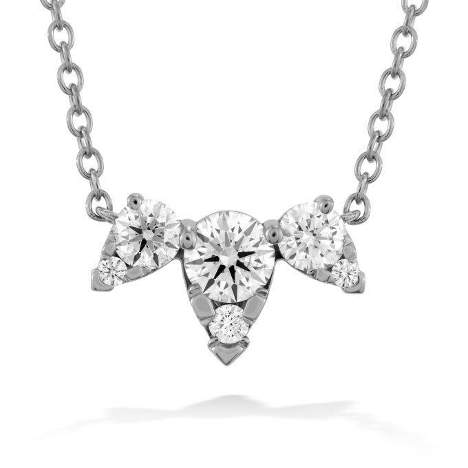 18K White Aerial Triple Diamond Necklace Round Hearts On Fire Diamonds 0.49 Ctw