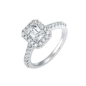True Reflections Halo Engagement Ring with .50ctw Emerald Cut and Round Diamonds in 14k White Gold