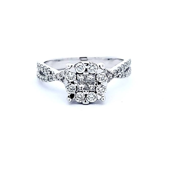 Pre-Owned Engagement Ring with 3/4ctw Round and Princess Cut Diamonds in 14k White Gold