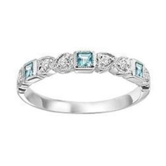 Stackable Birthstone Ring with Aquamarine and Diamond, Princess Cut and Round, in 10k White Gold
