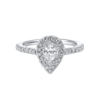 True Reflections Halo Engagement Ring with .73ctw Pear and Round Diamonds in 14k White Gold