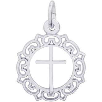 Cross with Ornate Border Charm in Sterling Silver by Rembrandt Charms