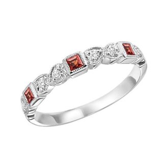 Stackable Birthstone Ring with Garnet and Diamond in 10k White Gold