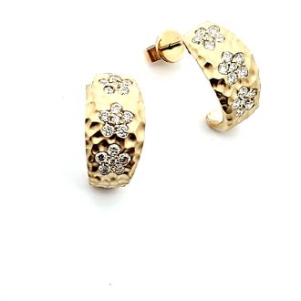 Hammered Finish Hoop Earrings with 3/4ctw Round Diamonds in 14k Yellow Gold