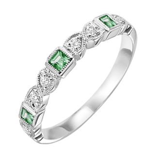 Stackable Birthstone Ring with Emerald and Diamond, Princess Cut and Round, in 10k White Gold