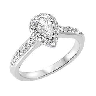 True Reflections Halo Engagement Ring with .58ctw Pear and Round Diamonds in 14k White Gold