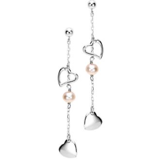 Heart Dangle Earrings with Freshwater Pearls in Sterling Silver