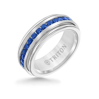Triton Men's Wedding Band 8mm in White Tungsten Carbide with Blue Sapphires