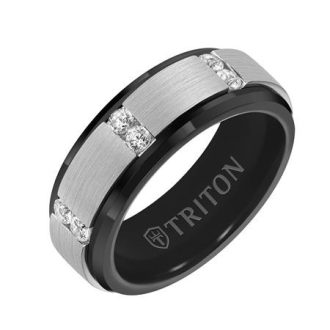 Triton Men's 8mm Wedding Band with Diamonds in Sterling Silver and Tungsten Carbide
