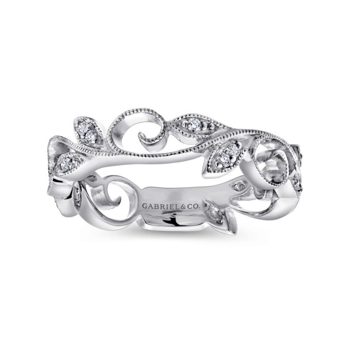 Gabriel & Co Floral Eternity Wedding Band with .10ctw Round Diamonds in 14k White Gold