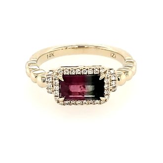 Halo Fashion Ring with Watermelon Tourmaline and .16ctw Round Diamonds in 14k Yellow Gold