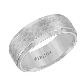 White Tungsten Carbide Hammered Center And Polished Stairstep Wedding Band