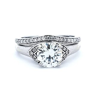 14kw Round Diamond Moissanite 1.5 ct Engagement Ring with 14kw Curved Round Diamond Channel Set Wedding Band .23 ctw
