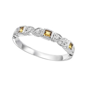 Stackable Birthstone Ring with Citrine and Diamond, Princess Cut and Round, in 10k White Gold
