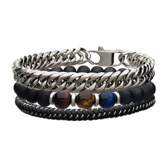 Inox Men's Stone Bead Bracelet Set in Stainless Steel & Leather