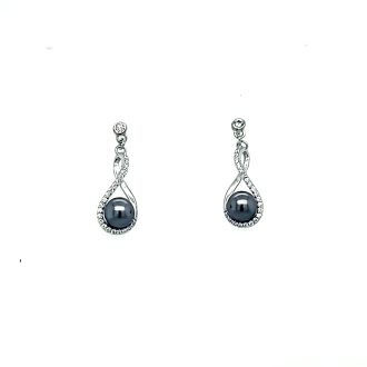 Infinity Drop Earrings with Black Pearl and Cubic Zirconia in Sterling Silver