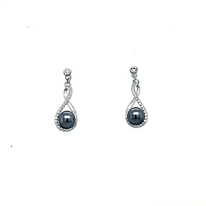 Infinity Drop Earrings with Black Pearl and Cubic Zirconia in Sterling Silver