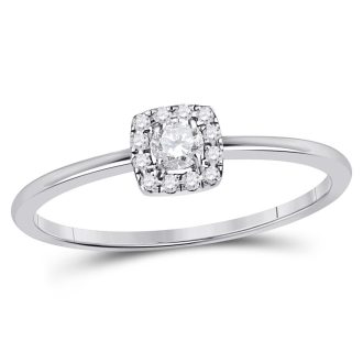 This elegant ring flaunts a brilliant, top-quality round diamond that weighs approximately 0.20cts. It's masterfully set in 10 karat White Gold and further accented with a unique square halo setting. Ideal to mark a symbol of love in the form of a timeless promise ring. Perfectly designed to reflect shimmer and sophistication.
