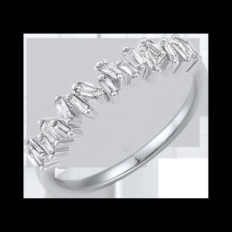 Treat your loved one with this exquisite anniversary band. The elegant design features a 1/3 carat total weight of offset diamonds set in 14k white gold, offering a contemporary twist to traditional bands. Its brilliance and stunning craftsmanship make it the perfect statement of affection and lifelong devotion. Surely a delightful stunner in any angle.