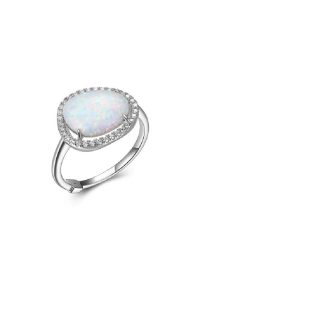 This stunning fire and snow fashion ring is crafted from sterling silver and features a dazzling rhodium-plated CZ halo surrounding a sparkling opal center. A perfect addition to any jewelry collection!