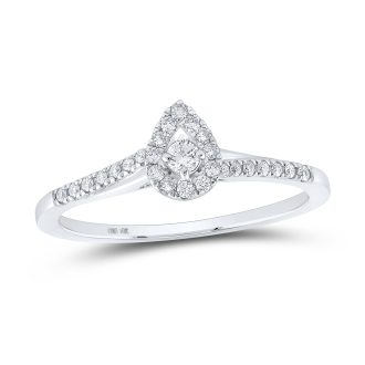 This exquisitely crafted promise ring is designed with a pear-shaped diamond, enveloped by a stunning diamond halo. The beautiful gemstones total 1/5 carat in weight and are perfectly accented by the sleek 10 karat white gold setting, exuding elegance and sentiment in a tastefully understated manner. Ideal for expressing enduring commitment and love.