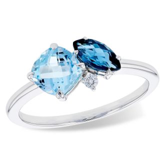 Fashion Ring with Blue Topaz and .03ct Round Diamonds in 14k White gold