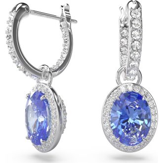 A dazzling pair of hoop earrings featuring sparkling blue Swarovski crystals encased in a halo of clear crystal pavA. The intricate Constella design comprises a dangle style drop, offering an inside-out look, signifying a beautiful amalgamation of charm and elegance. Rhodium plated to enhance the magnificence.