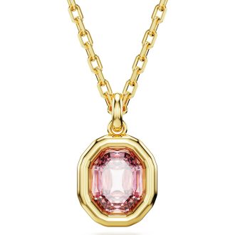 This stunning 20" pendant necklace features a gorgeous pink octagonal crystal, exquisitely crafted in the heart of Swarovski's Imber collection. Its beauty is only magnified by the yellow gold plating enveloping the radiant drop crystal, adding a luscious touch of luxury to any outfit.