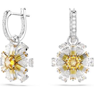 Experience nature-inspired opulence with these dainty drop earrings, featuring floral designs in sunny yellow. They come in a chic, long-lasting Rhodium plated finish, presenting a perfect blend of beauty and resilience. Each earring showcases crystalline elements, radiating charm, transforming your overall look and adding a sparkling touch of elegance to any ensemble.