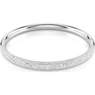 This stunning bangle is a true showcase of elegance, presenting finely crafted rhodium plating. The brilliant white color is complimented by a dazzling pattern, inspired by the Meteora snow pavA style. Luxuriously asking attention, it's an irresistible accent piece aiming to dazzle and enthral, elevating any wear to radiance and sophistication.