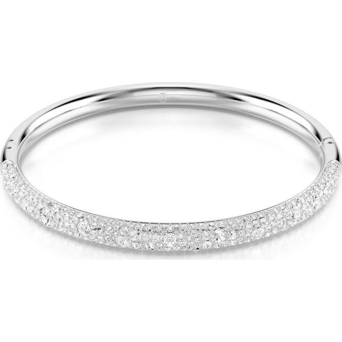 This stunning bangle is a true showcase of elegance, presenting finely crafted rhodium plating. The brilliant white color is complimented by a dazzling pattern, inspired by the Meteora snow pavA style. Luxuriously asking attention, it's an irresistible accent piece aiming to dazzle and enthral, elevating any wear to radiance and sophistication.