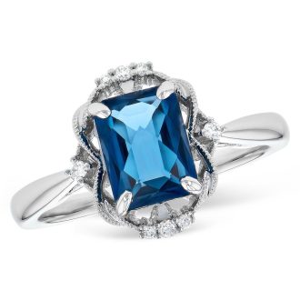 Vintage-Inspired Fashion Ring with London Blue Topaz and .06ctw Round Diamonds in 14k White Gold
