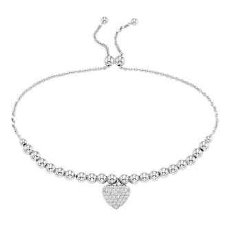 Beaded Bolo Bracelet with Cubic Zirconia Heart in Sterling Silver