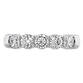 This elegant 18 karat white gold ring features a lustrous 5-stone band from the HOF collection. It demonstrates five dazzling round-cut diamonds, each with a sum weight of .52 carats. The diamonds are of GH color, indicating high-quality, with clarity levels between VS and SI, affirming their pristine finish.