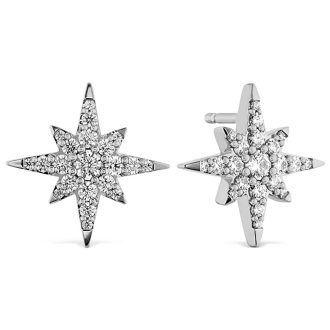 Featuring a charming starburst design, these exquisite stud earrings are embellished with .43 carats total weight of sparkling GH color, VS-SI clarity diamonds. They are gorgeously crafted from 18 karat white gold, enhancing their luxurious appeal. This enigmatic pair signifies innocence, purity, and perpetual splendor. The ideal upgrade to your sophisticated jewelry collection.